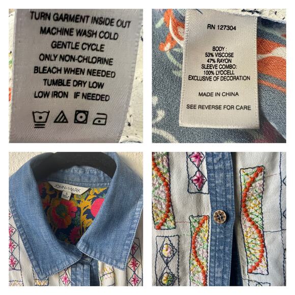 John Mark Bohemian Embroidered Long Sleeve Button Down Blouse Size S - Picture 9 of 13